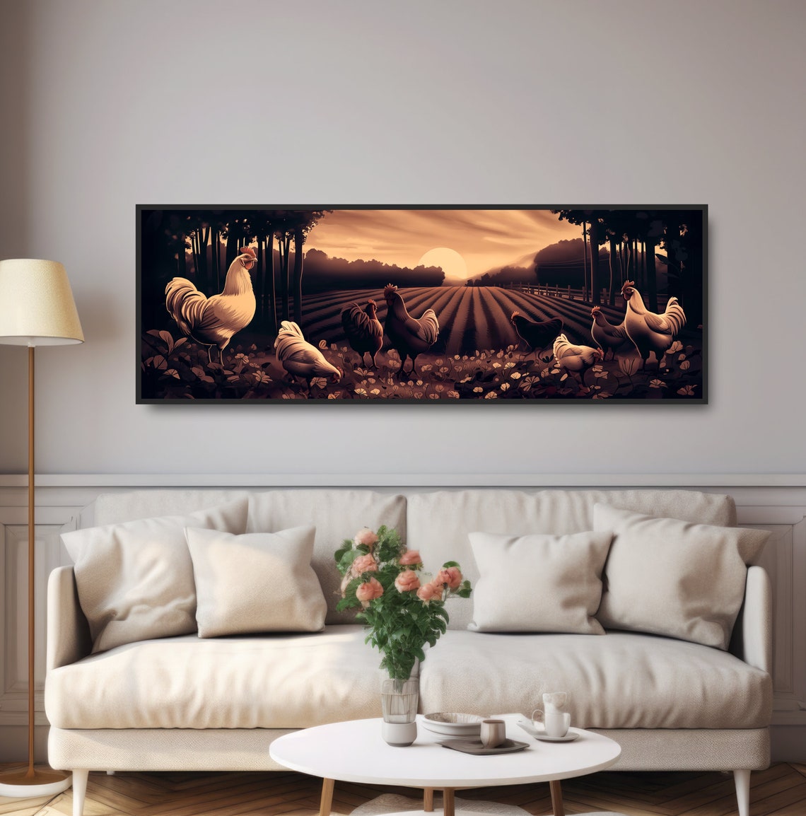Rooster And Chickens Farm Sunrise Golden Fields Painterly Art Poster - Image 5