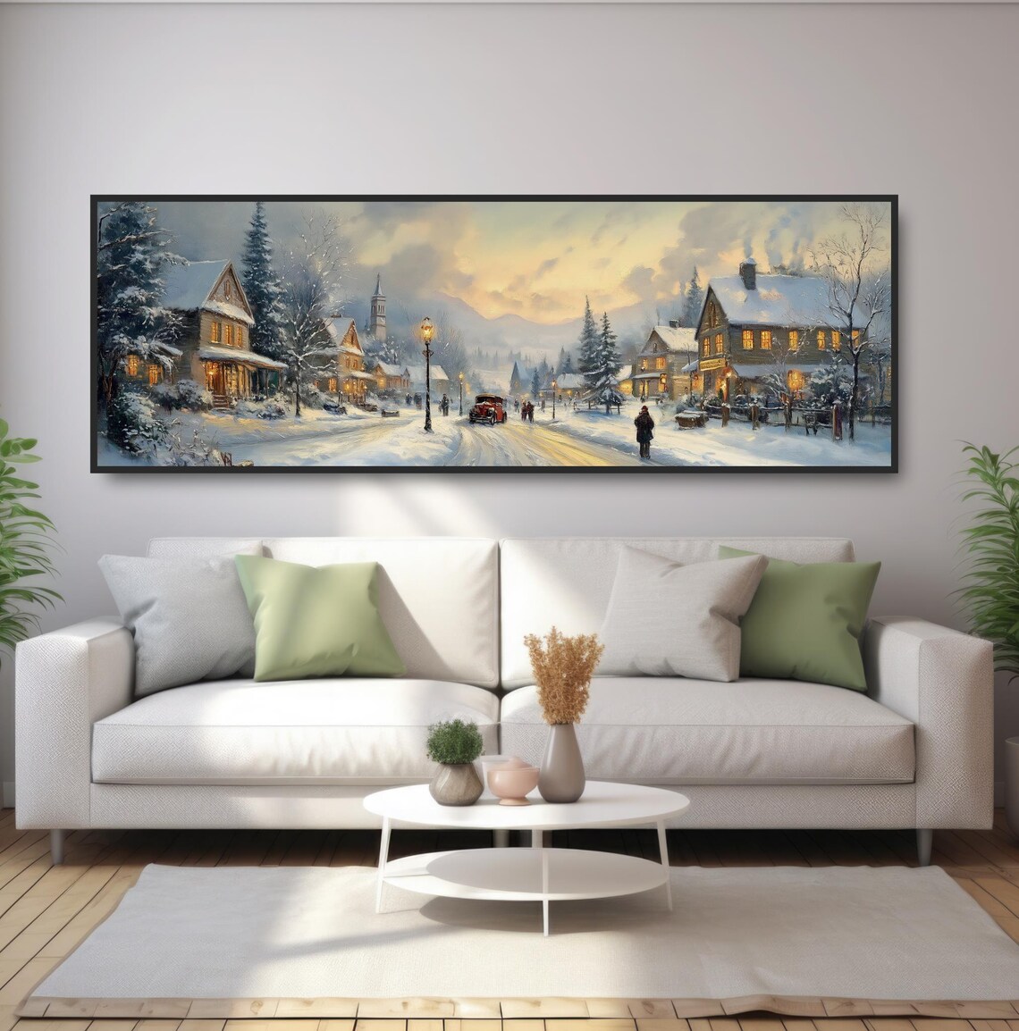Snowy Village Street Winter Dusk Glowing Vintage Town Christmas Print - Image 5