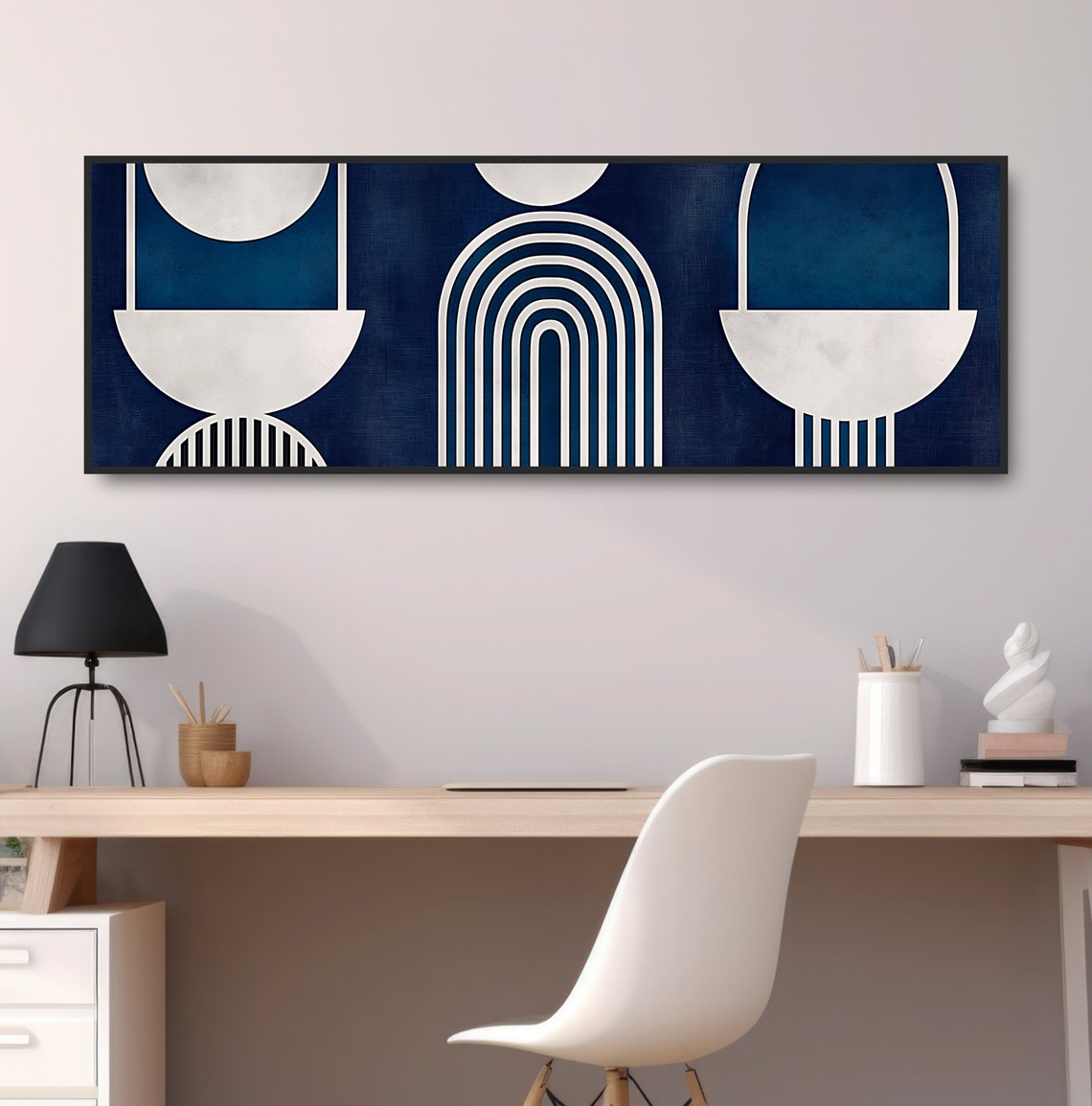 Navy Blue Art Deco Geometric Arches Stripes Elegant Wall Art Poster - Image 2