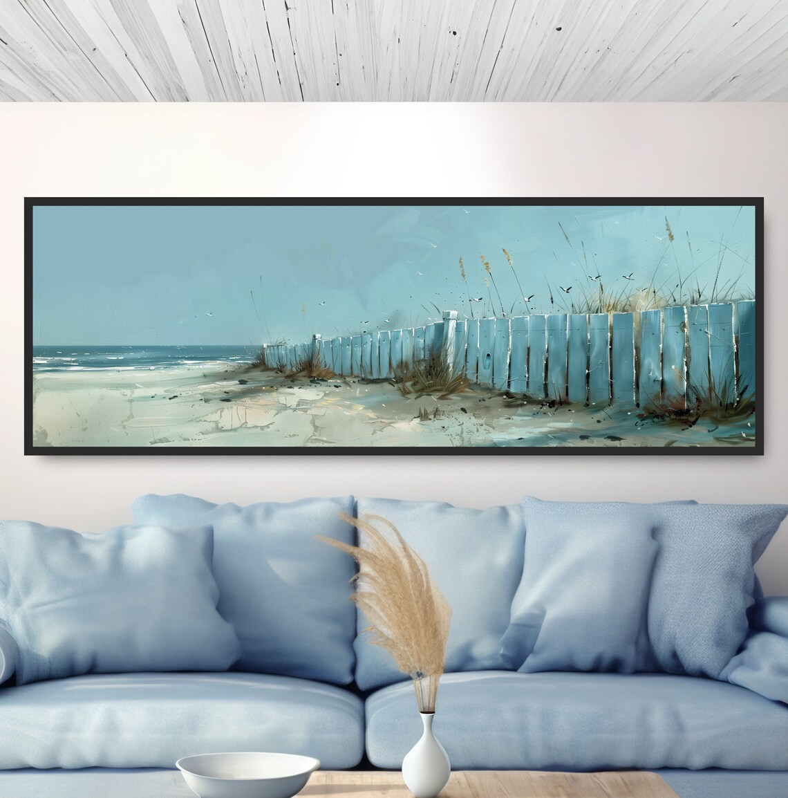 Coastal Beach Fence Watercolor Seascape Panoramic Ocean Dunes Poster