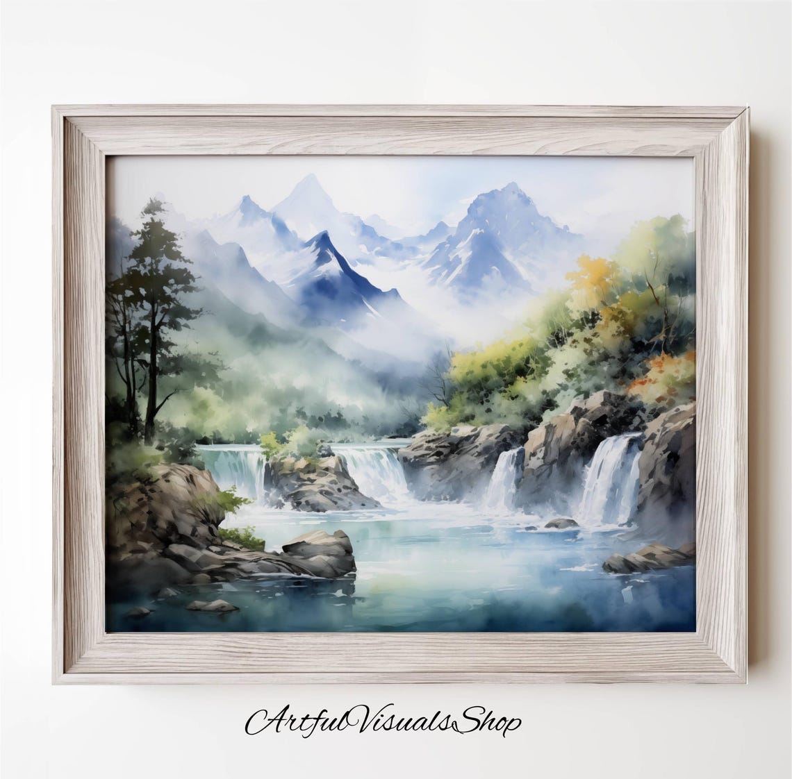 Waterfall Mountain Lake Watercolor Misty Peaks Tranquil Nature Poster