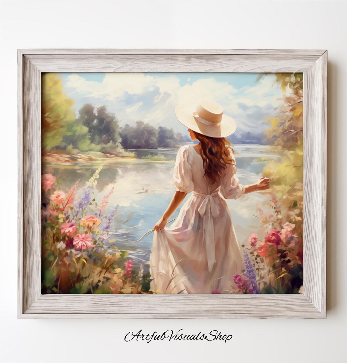 Woman in White Dress by Lake Oil Painting Poster Romantic View