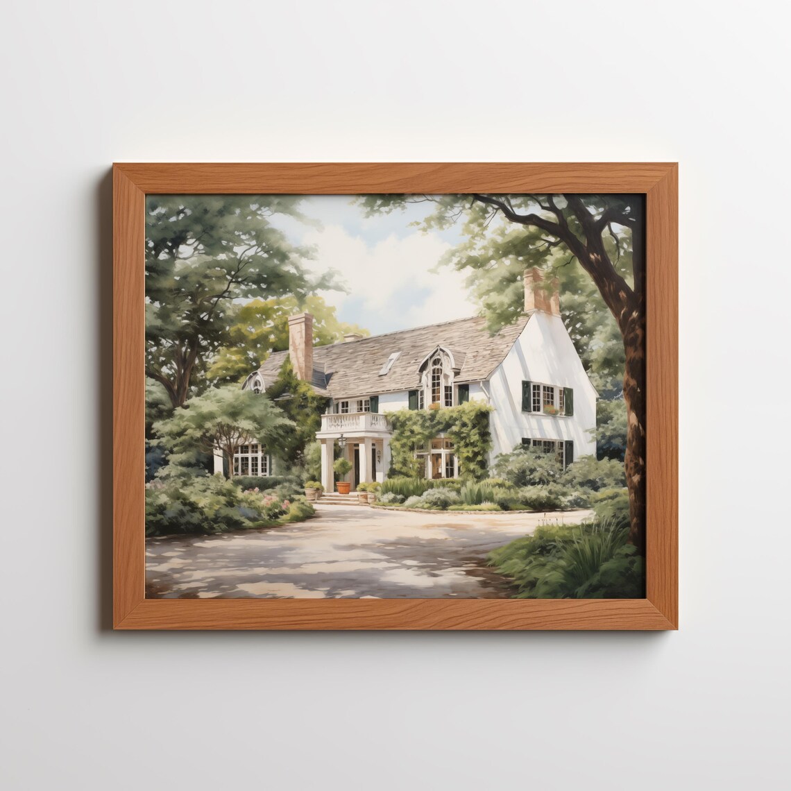 White Manor House Watercolor Lush Garden Landscape Classic Poster