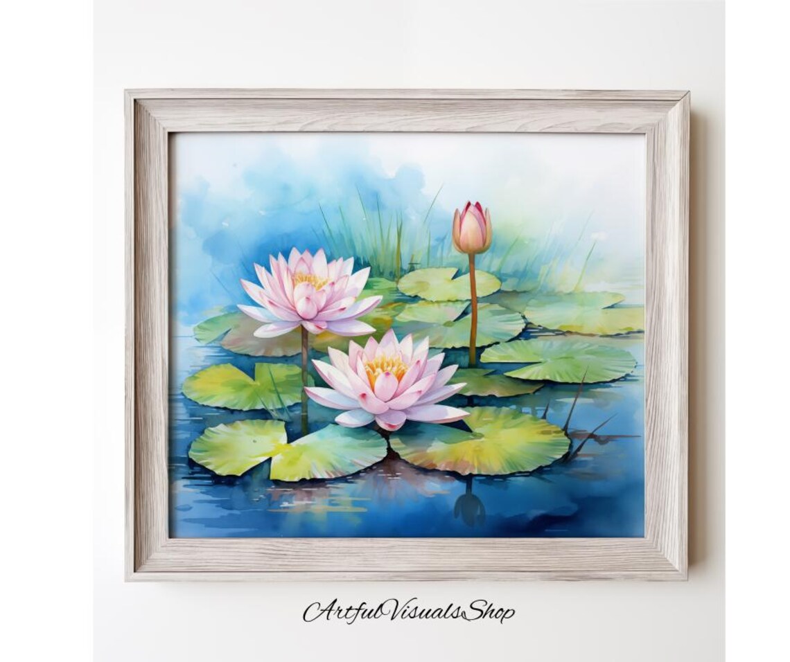 Pink Lotus Water Lily Pond Watercolor Tranquil Floral Nature Poster