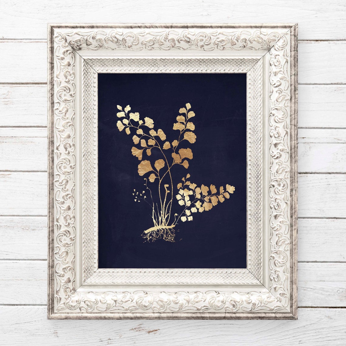 Gold Fern Leaf Dark Navy Botanical Watercolor Metallic Art Print - Image 2