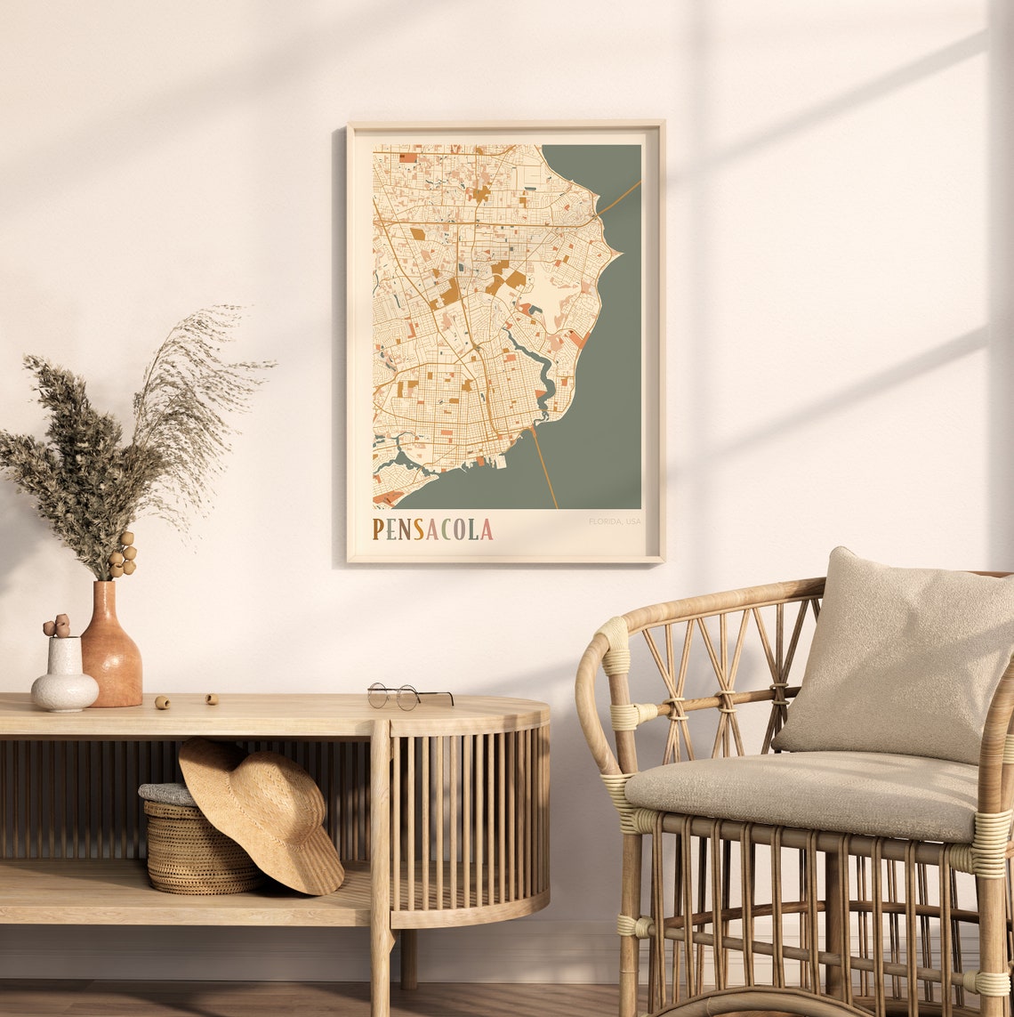 Pensacola Florida City Map Poster Warm Retro Street Map Home Decor - Image 2
