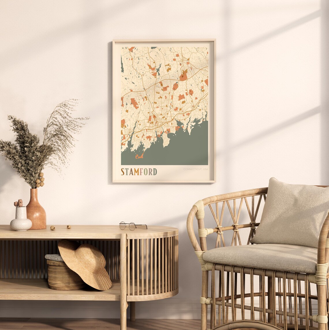 Stamford Connecticut Colorful Retro Coastal City Map Poster Boho Wall Decor - Image 2