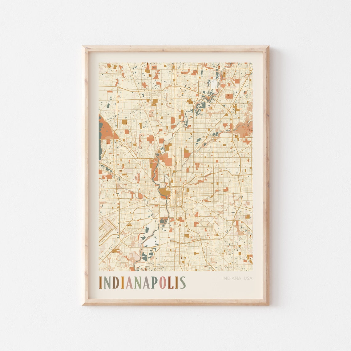 Indianapolis Indiana Retro City Map Poster with White River Detail