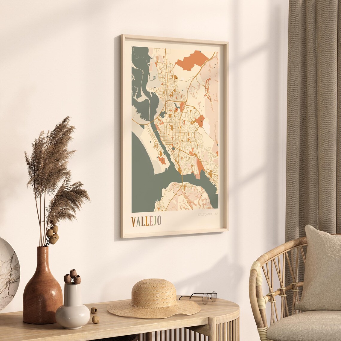 Vallejo California Warm Tones City Map Poster for Living Room Decor - Image 3