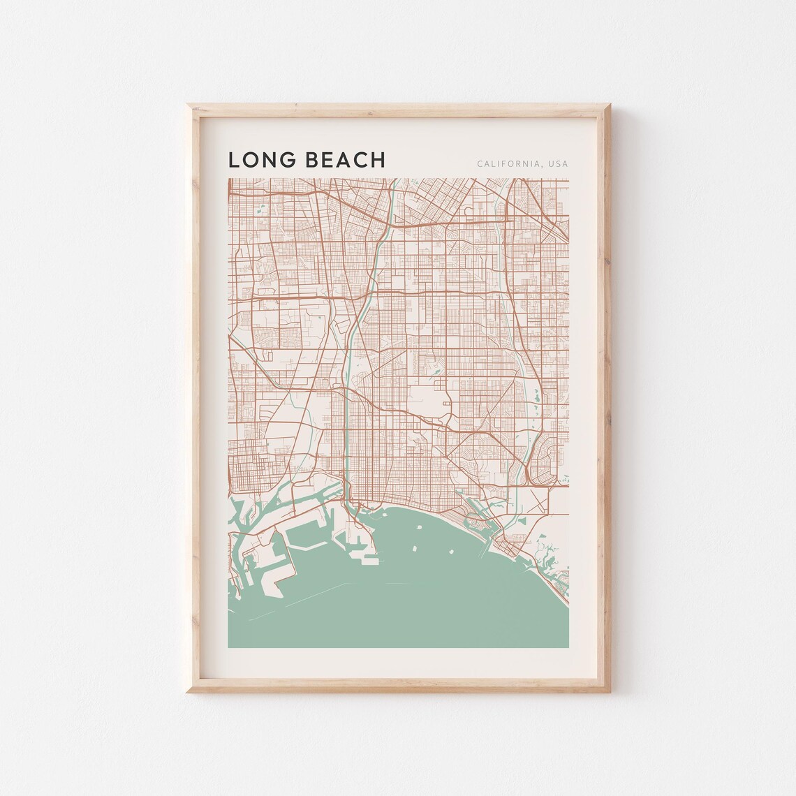 Long Beach California Minimalist Street Map Poster in Blush and Sage