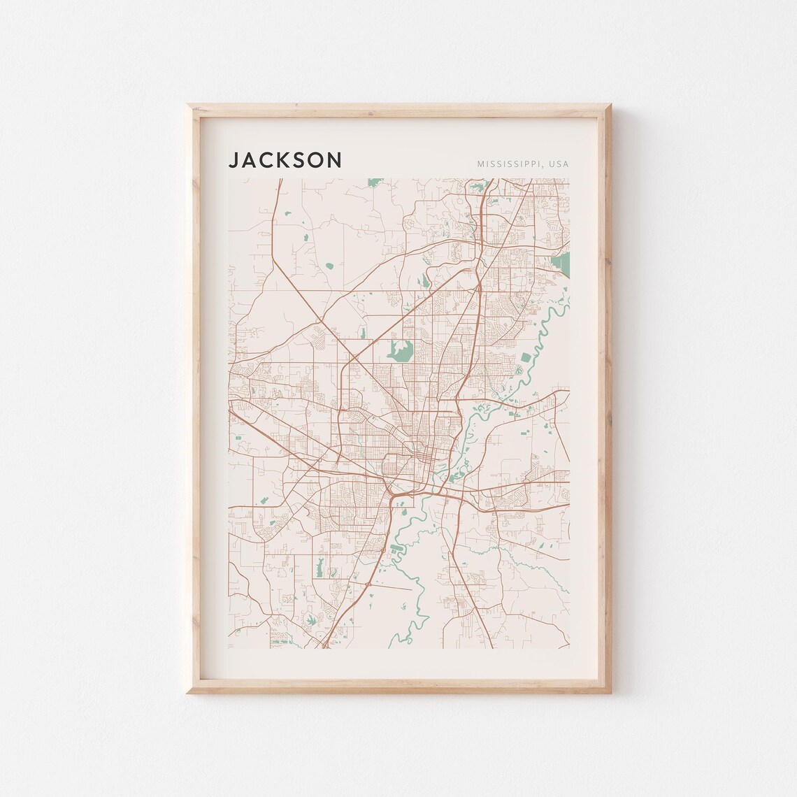 Jackson Mississippi Street Map Poster in Warm Brown Sage and Cream Tones