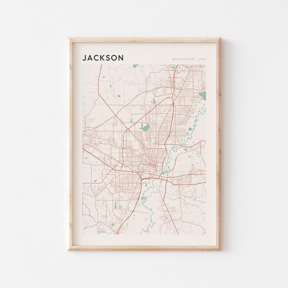 Jackson Mississippi Street Map Poster in Warm Brown Sage and Cream Tones