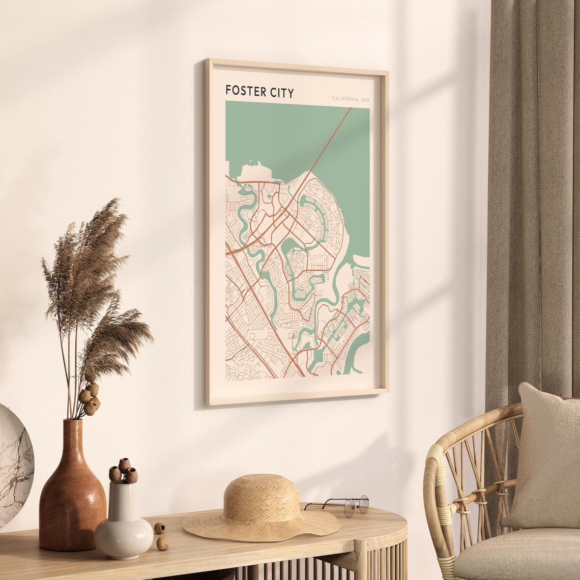 Foster City California Minimalist Street Map Poster in Blush and Sage - Image 3