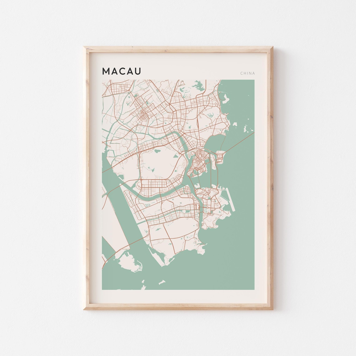 Macau China Map Minimalist Sage Green Street Plan Coastal Travel Poster