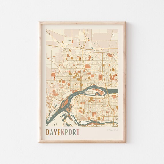 Davenport Iowa City Map Poster Earth Tone Boho Minimalist Map Wall Decor Gift