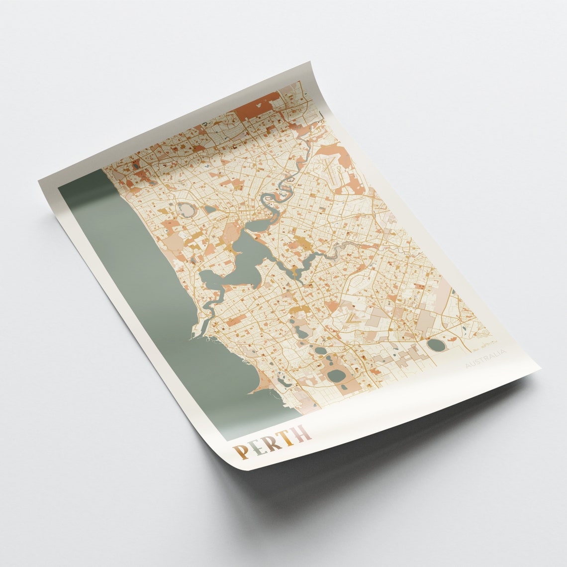 Perth Australia Retro City Map Poster with Swan River Coastline - Image 2