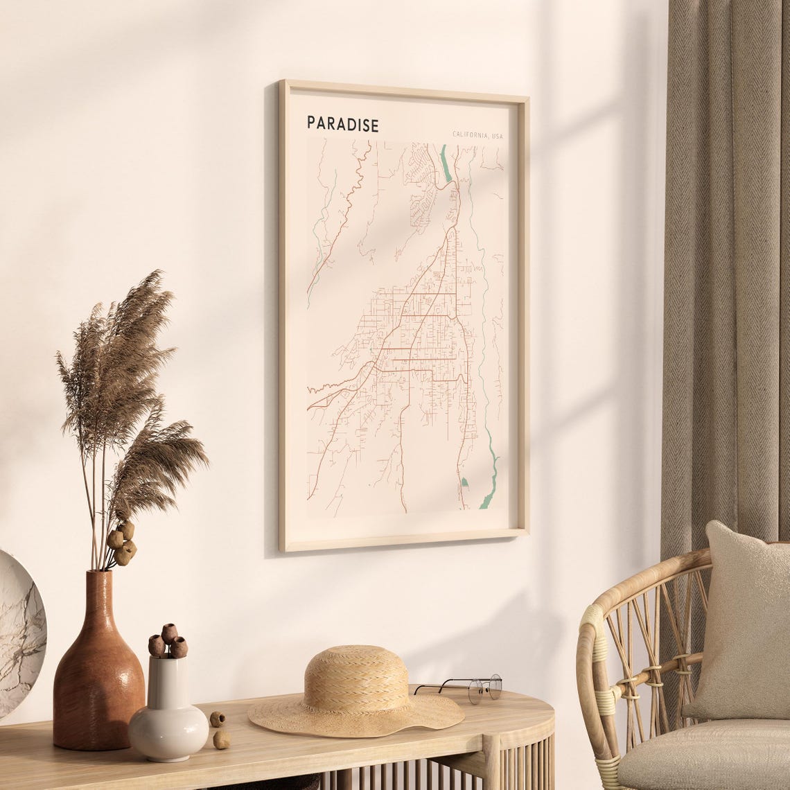 Paradise California Minimalist Street Map Poster in Blush and Sage - Image 3