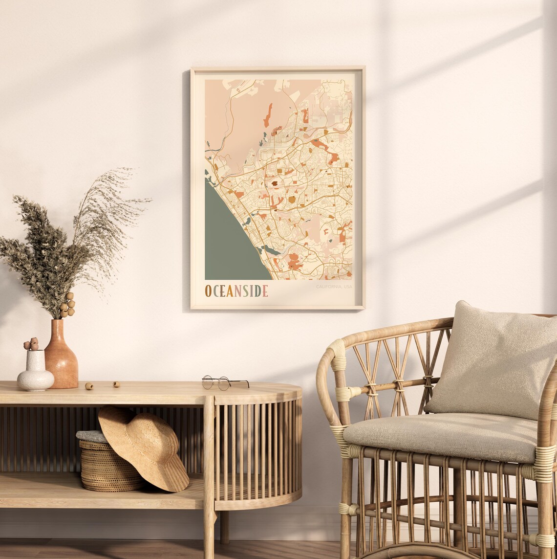 Oceanside California Warm Earth Tone City Street Map Art Decor Poster - Image 2