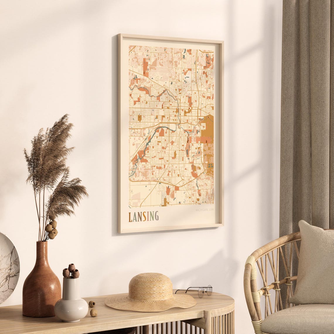 Lansing Michigan USA Warm Terracotta Retro City Street Map Poster - Image 3
