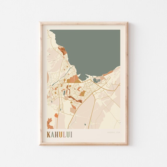 Kahului Hawaii Colorful Retro Coastal City Map Poster Boho Wall Decor