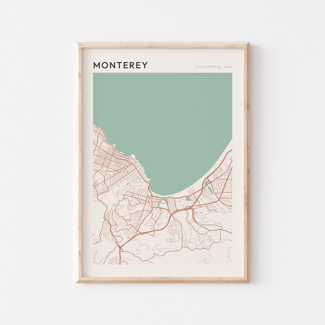 Monterey California Minimalist Street Map Poster in Blush and Sage