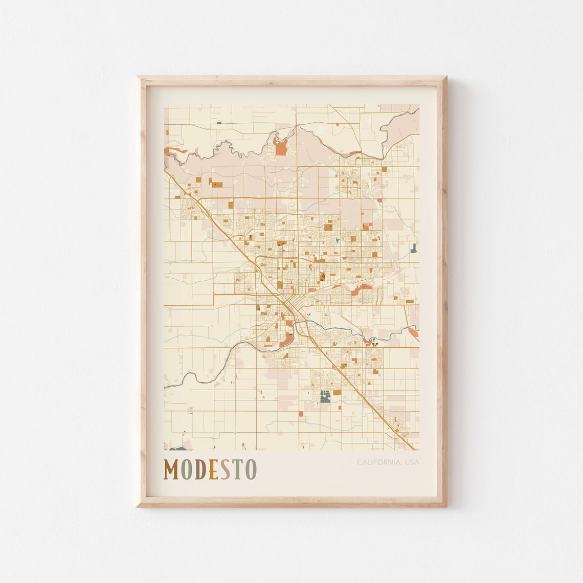 Modesto California Warm Earth Tone City Street Map Art Decor Poster