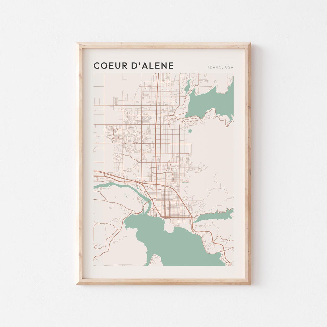 Coeur d'Alene Idaho Minimalist Terracotta Street Line Map Poster