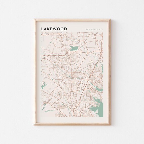 Lakewood New Jersey Street Map Poster in Warm Brown Sage and Cream Tones