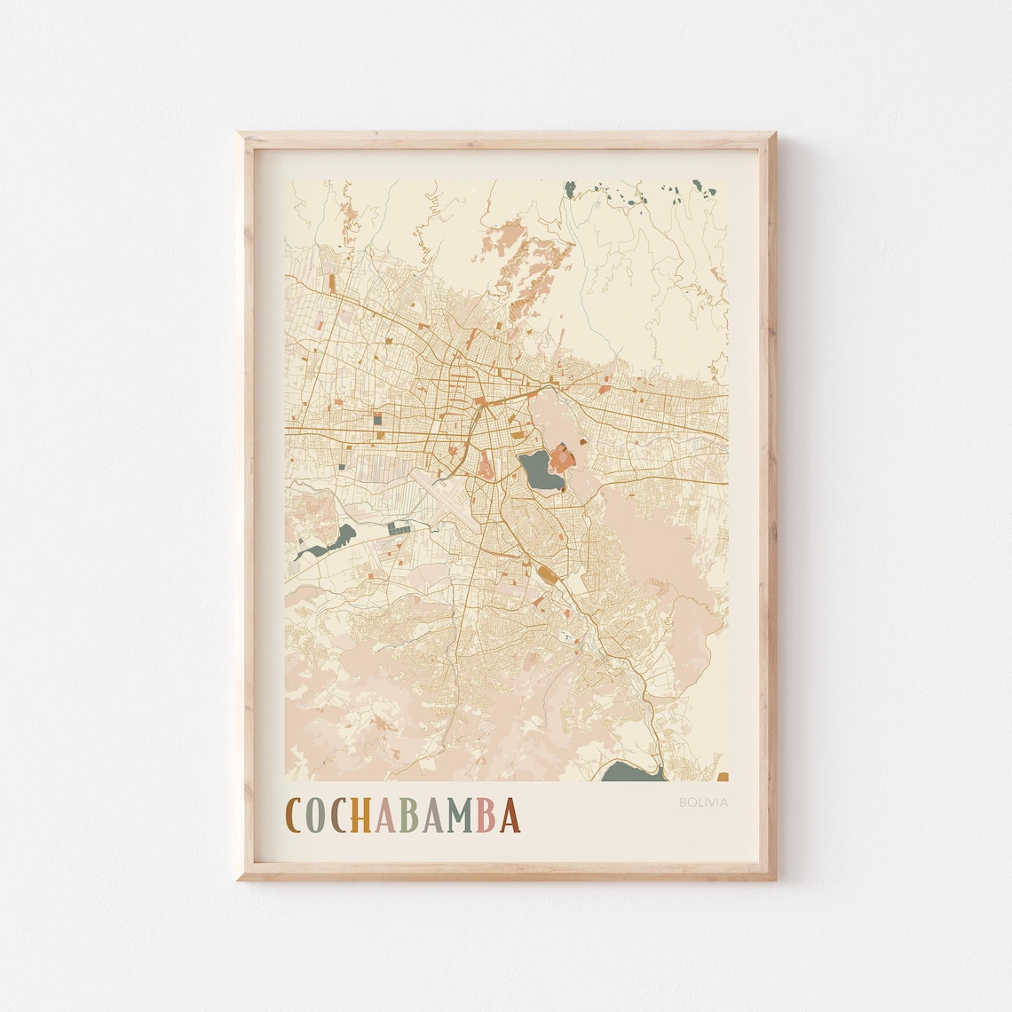 Cochabamba Bolivia City Street Map Poster Minimalist Beige Boho Travel Decor