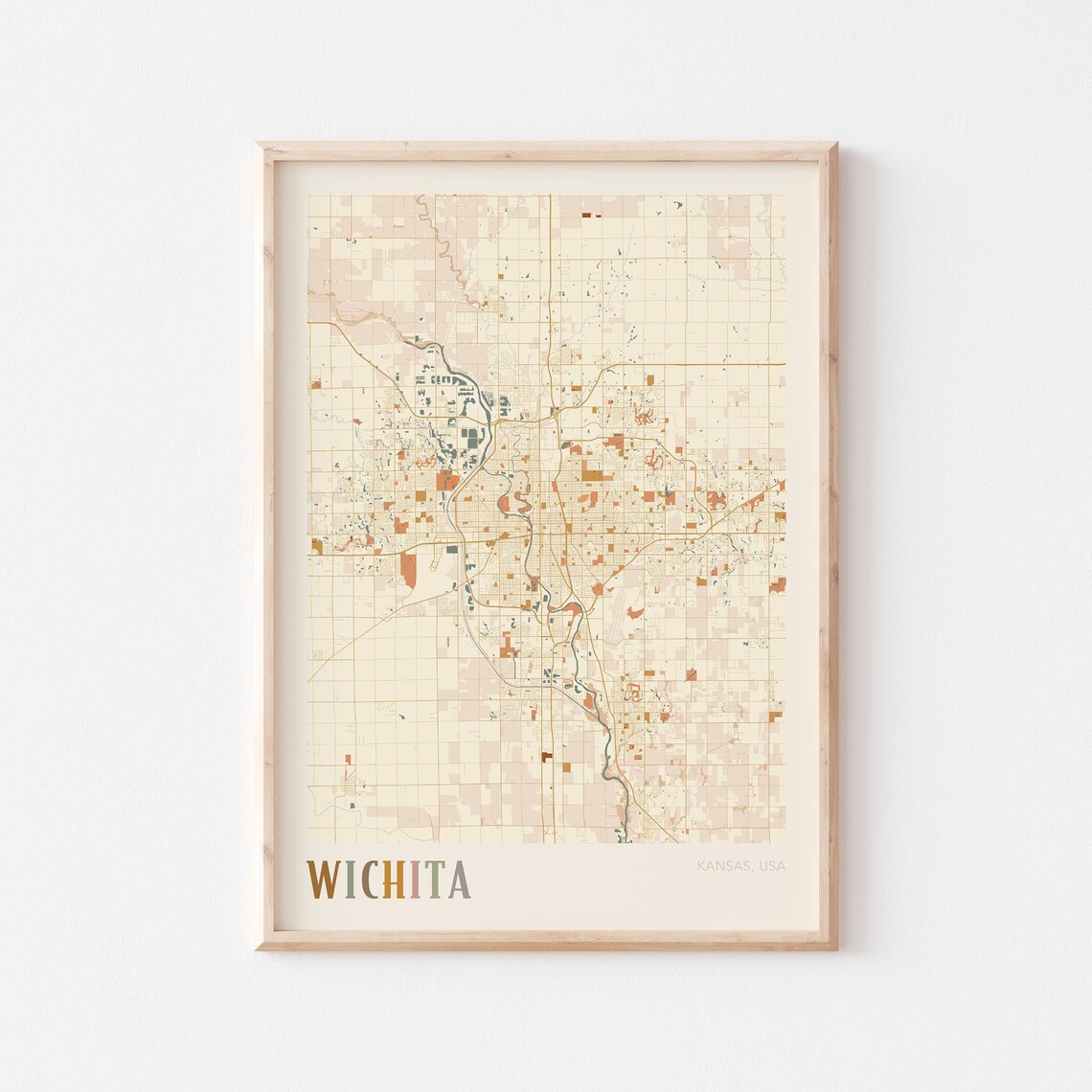 Wichita Kansas City Map Poster Earth Tone Boho Minimalist Map Wall Decor Gift