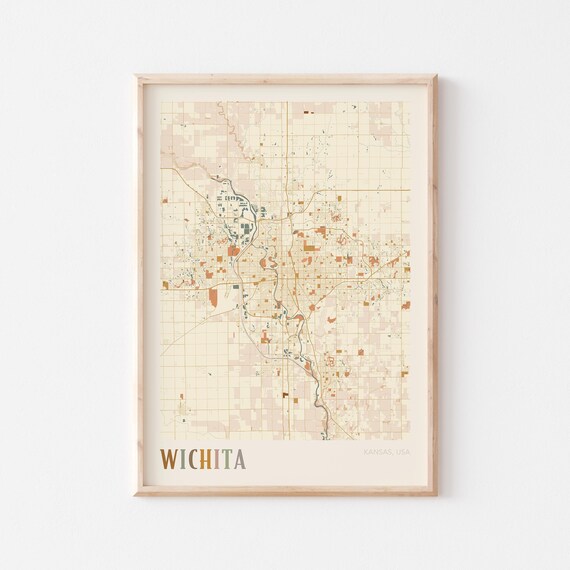 Wichita Kansas City Map Poster Earth Tone Boho Minimalist Map Wall Decor Gift