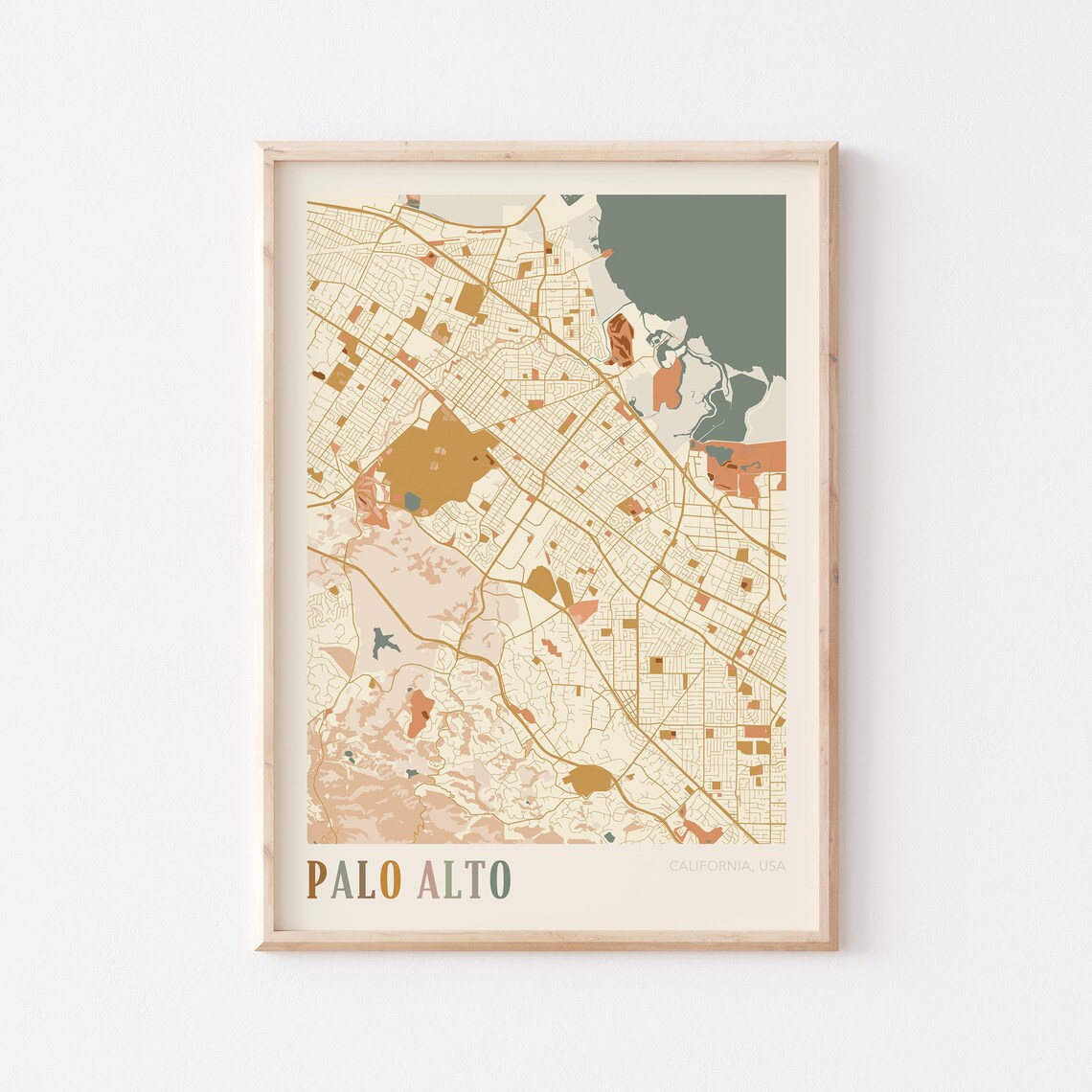 Palo Alto California Warm Earth Tone City Street Map Art Decor Poster