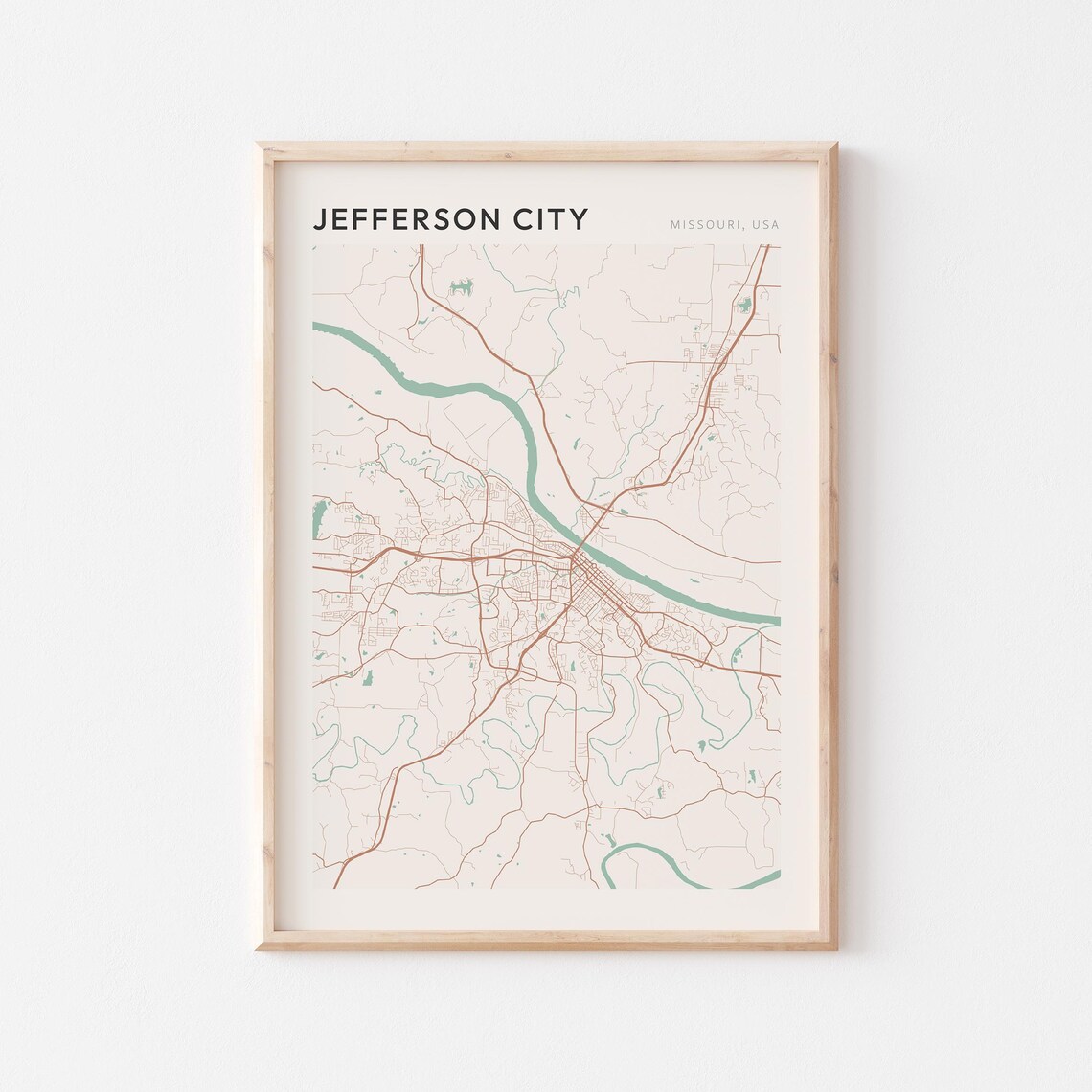 Jefferson City Missouri Street Map Poster in Warm Brown Sage and Cream Tones