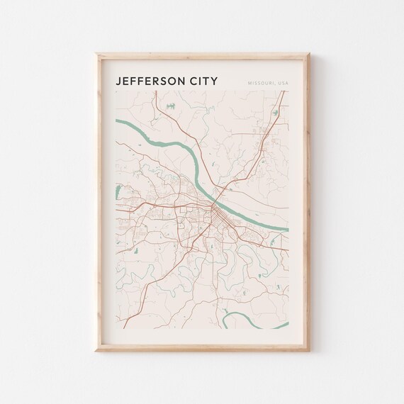 Jefferson City Missouri Street Map Poster in Warm Brown Sage and Cream Tones