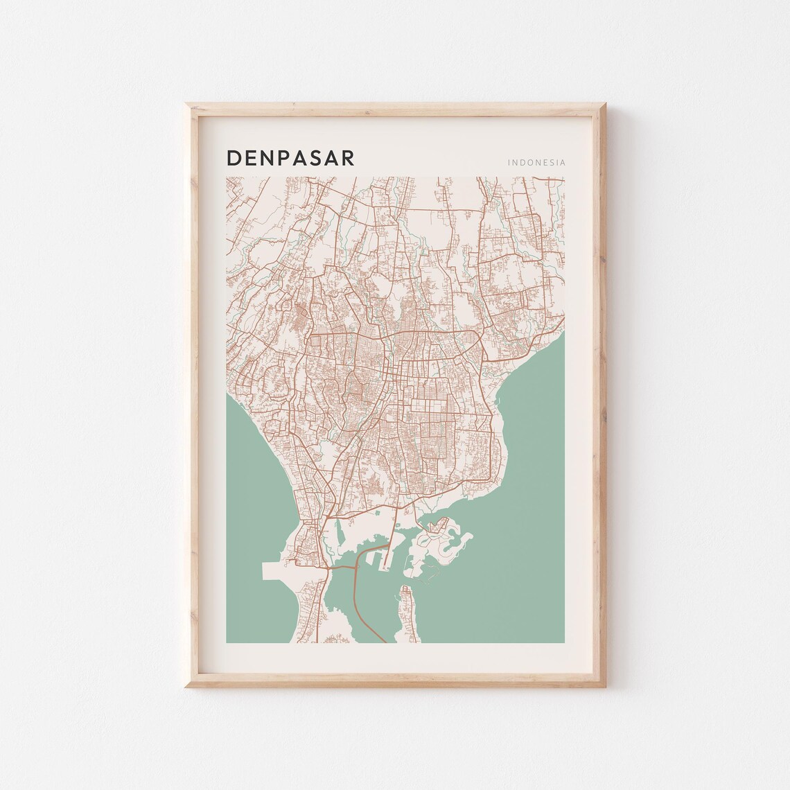 Denpasar City Street Map Indonesia Minimalist Scandi Travel Poster