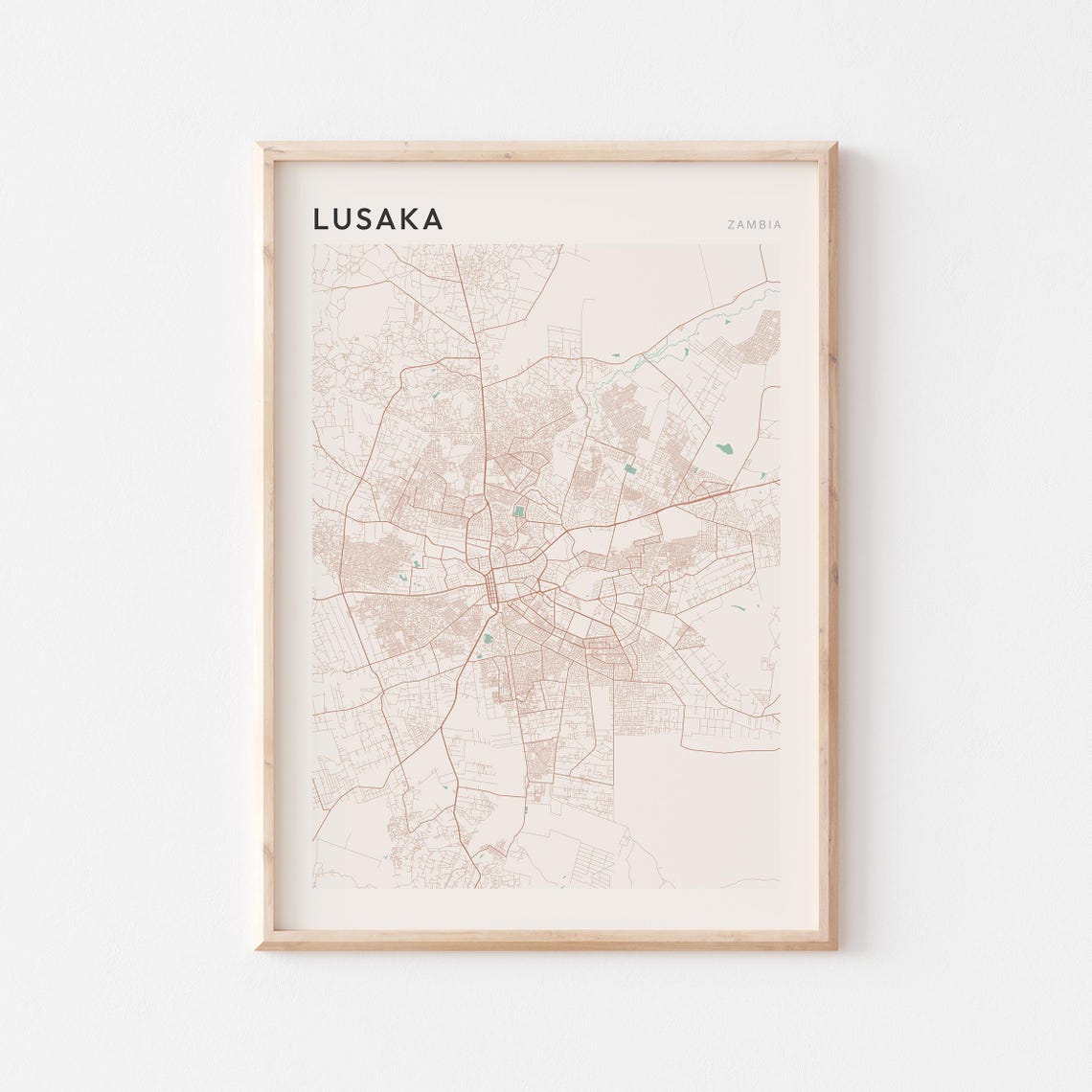 Lusaka Zambia Minimalist Street Map Poster Soft Beige Neutral Decor