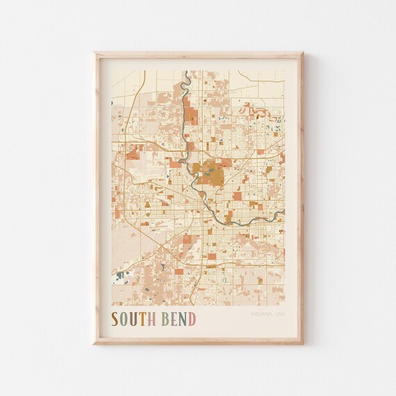 South Bend Indiana Colorful Vintage City Map Cartography Poster