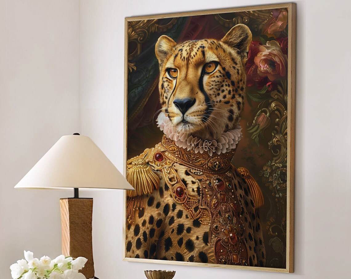 Cheetah in Jeweled Gold Brocade Armor Old Master Aristocrat Portrait Poster