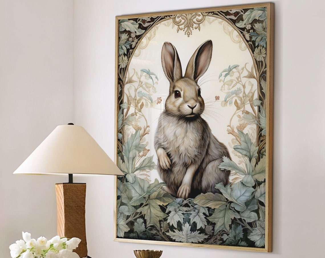 Wild Hare Beneath Soft Art Nouveau Floral Arch Botanical Poster