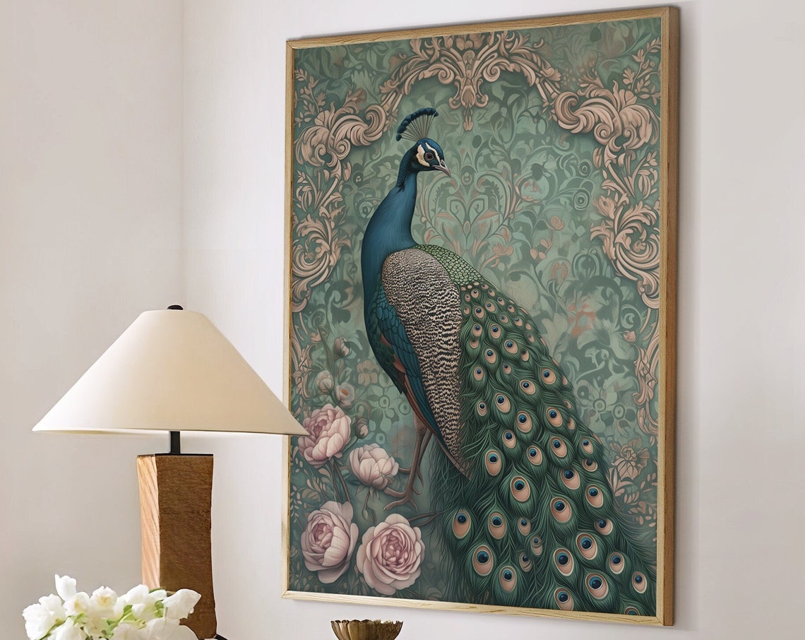 Peacock with Full Tail on Green Damask and Pink Roses Poster