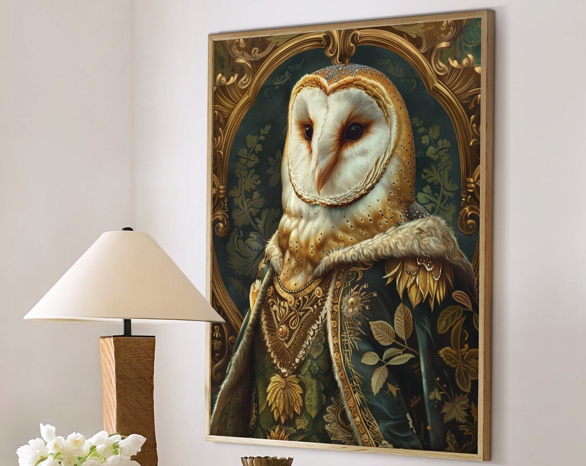 Barn Owl Royal Renaissance Portrait Gold Brocade Robe Bird Wall Art