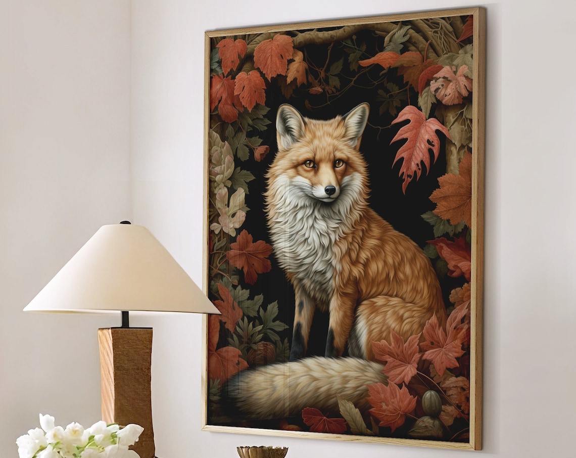 Red Fox Autumn Leaves Dark Botanical Vintage Fall Art Poster