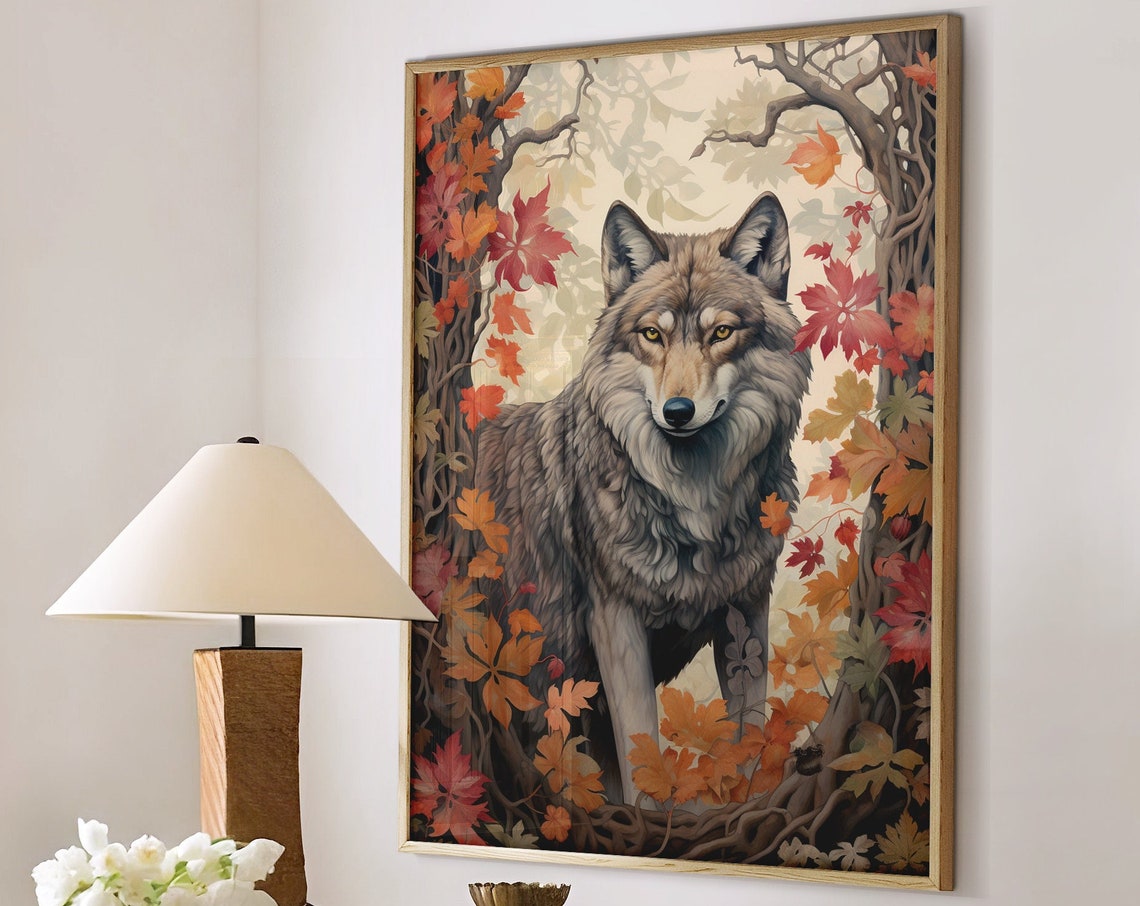 Noble Grey Wolf Standing Among Crimson Autumn Maple Leaves Poster