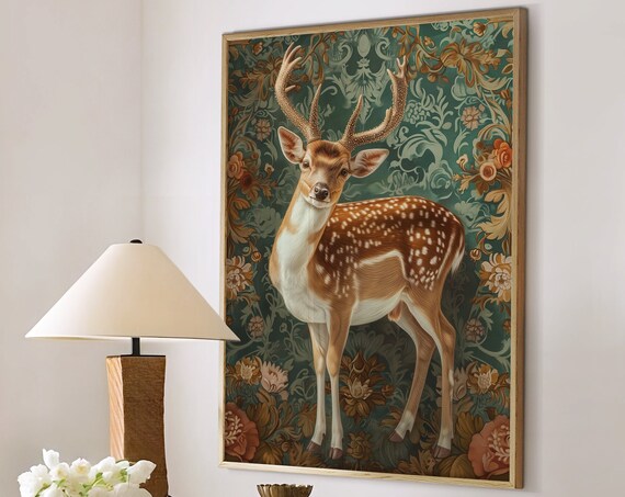 Spotted Fallow Deer Stag on Teal Baroque Floral Damask Poster