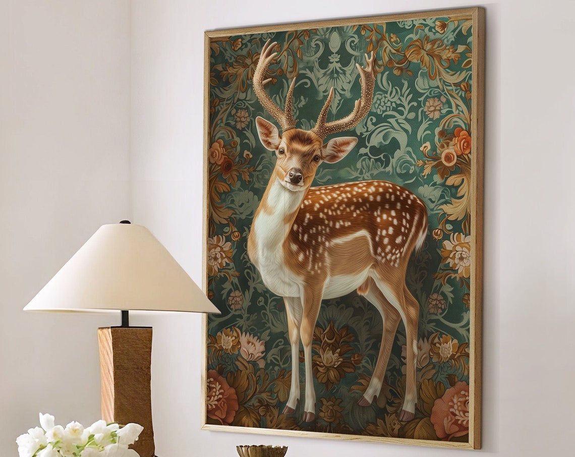 Spotted Fallow Deer Stag on Teal Baroque Floral Damask Poster