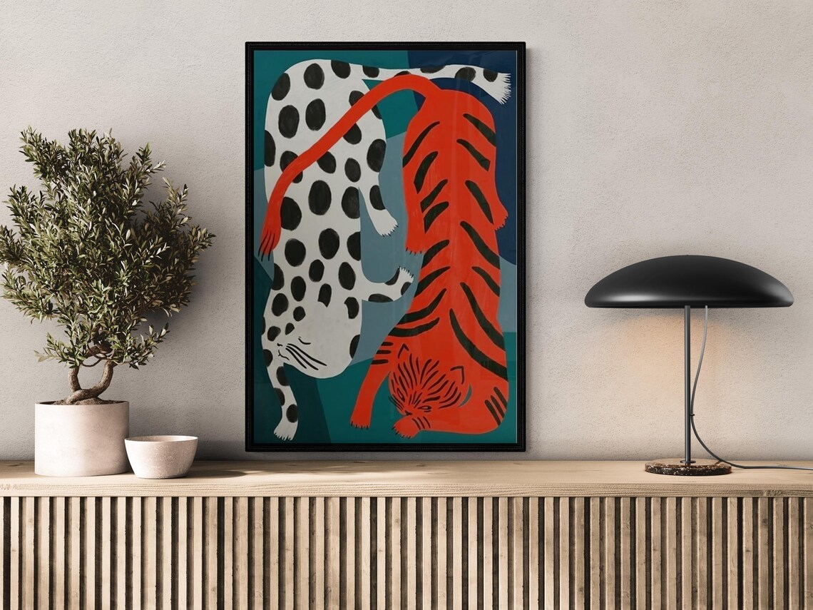 White And Red Cat Printed Painting, Modern Cat Decor