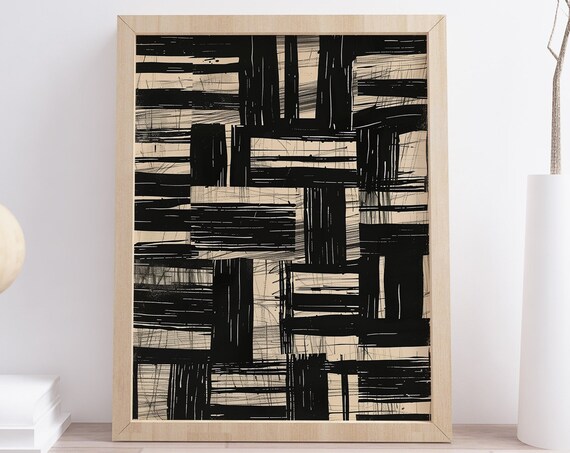 Black And Beige Abstract Geometric Print Wall Art Trendy Mid Century Modern Monochrome Decor Mcm Wall Decor