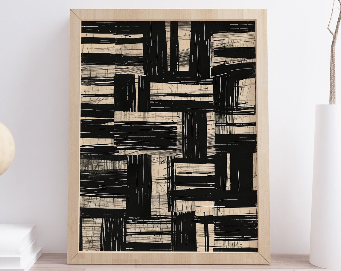 Black And Beige Abstract Geometric Brushstroke Mid Century Art Poster
