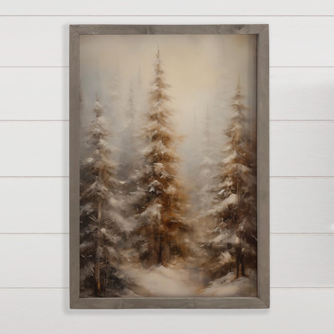Misty Winter Pine Forest Snowfall Beige Serene Painting Poster