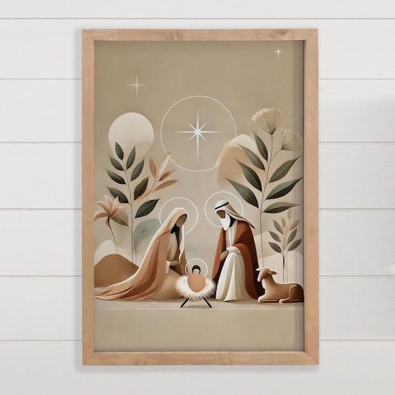 Modern Beige Boho Holy Family Christmas Nativity Canvas Wall Art